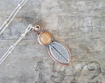 Leaf Necklace . Copper Sterling Silver Necklace . Carnelian . Hand Forged . Sterling Necklace.Rustic. Necklace. Mixed Metals