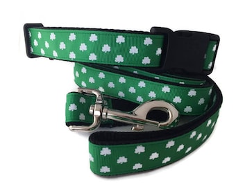 Dog Collar and Leash, Luck of the Irish, 1 inch wide, 6ft, adjustable, quick release, metal buckle, chain, martingale, hybrid, nylon
