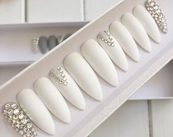 Matte white press on nails • Swarovski crystals • stiletto nails • coffin nails • Fake nails • False nails • Acrylic nails • gel nails