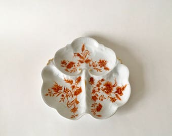 Vintage Haviland Limoges Clover Leaf Divided Tray, Orange Floral Motif with Gold