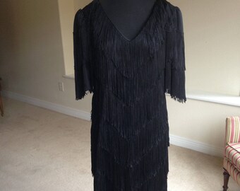 Black Flapper Fringe Dress 1970 1980