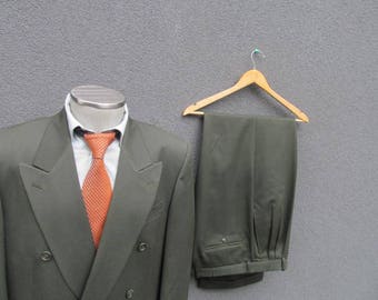 Vintage Two Piece Double Breasted Wool Suit Size 42R Large Lrg / Vtg Mens 2 Piece Double-Breasted Green Suit Jacket & Pants / Made in Canada
