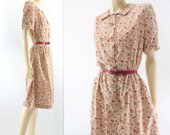 1950s Floral Dress Vintage 50s Dress 50s Cotton Dress 50s Summer Dress Red Floral Dress Shirtwaist Dress Medium m