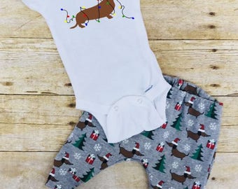 Christmas Dachshund pants and onesie infant outfit, Christmas joggers outfit, Dachshund leggings outfit, baby shower gifts, dachshund shirt