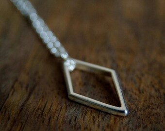Silver Geometric Pendant Necklace, Diamond Shape, Silver Rhombus Pendant, Line Jewellery, Handmade sterling silver, UK shop
