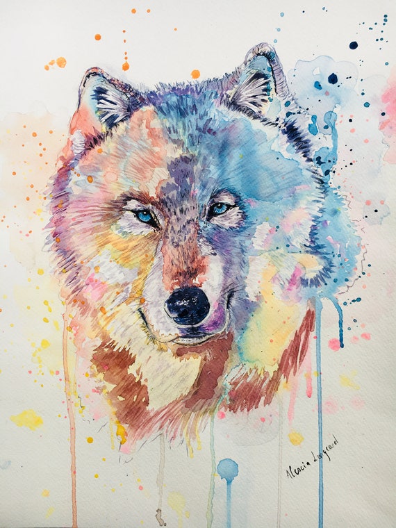 Hand Made Trendy Colorful Wolf Original Watercolor On Paper Description