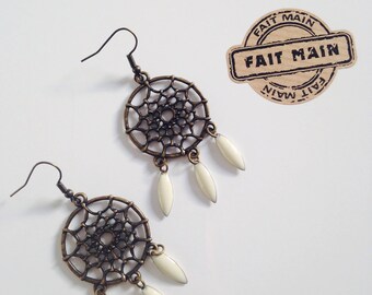 Earrings, dangling, catches dreams, bronze metal, enameled sequins, woman