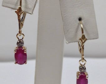 Natural Ruby with Natural Diamond Dangle Earrings Solid 14kt Yellow Gold
