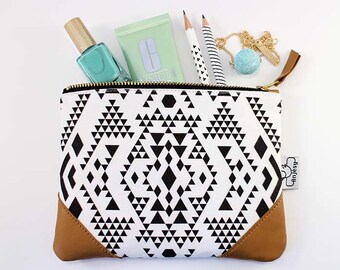 Ethnic zipper pouch, leather zip pouch clutch by ANJESYdesign