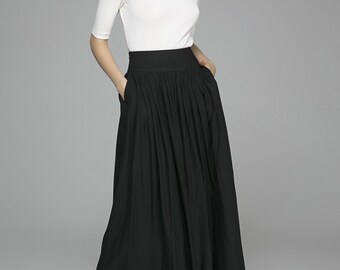 black maxi skirt, pleated skirt, long skirt, linen skirt, ruffle skirt, swing skirt, summer skirt, plus size skirt, gift for women (1384)