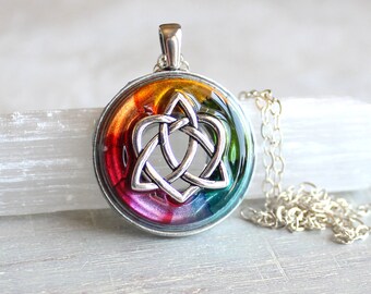 rainbow celtic sister knot necklace, triquetra necklace, celtic jewelry, unique gift, celtic knot, irish jewelry, romantic gift