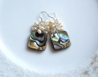 Abalone and freshwater pearl dangle earrings, abalone jewelry, beach wedding, wedding earrings, paua shell jewelry