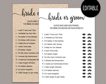 Editable He said she said bridal shower game, Bride or groom game, bride groom game, kraft rustic Guess Who Said It Phrase Game Wedding B11