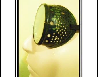 Vintage Safety Goggles Distressed Black Metal With Clear Lenses And New Elastic