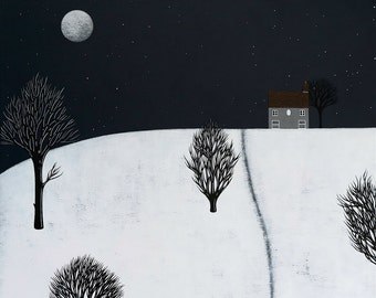 Night-time in Fen Meadow - Winter Landscape Art Print 8x8 - Hygge Night Painting - by Natasha Newton