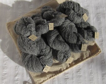 Several skeins of reclaimed, recycled, 100% Shetland wool yarn, charcoal gray, fingering weight (14 wraps per inch), 1167 yards (~12 oz.).