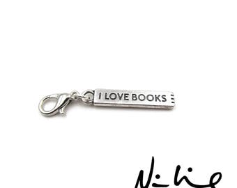 Best Seller - Silver Plated I Love Books Zipper Pull - Clip-On Charm