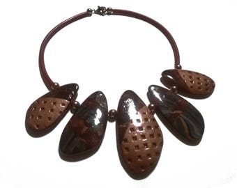 Copper and metallic tones with texture mi-perle polymer clay necklace / "KUIVR"