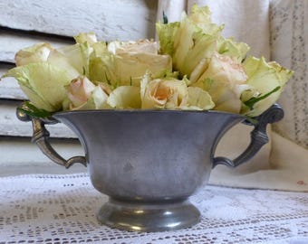 Antique french pewter footed cup. Two handle pedestal bowl. Silver vase. Fruit bowl. Jeanne d'Arc living. French Nordic. Rustic cottage