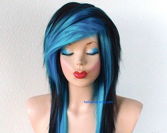Scene wig. Emo wig. Black Turquoise Long layered hairstyle wig. Scene girl wig. Durable heat friendly wig for everyday wear or Cosplay.