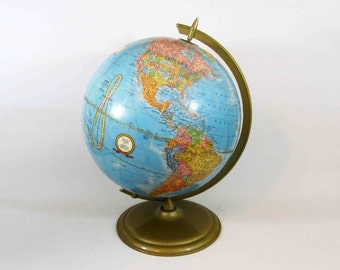 Vintage 12 Inch Crams Imperial World Globe with Brass Finish Base. Circa 1970's.