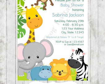 Boy or Girl, Wild Animals, Jungle, Safari Baby Shower Invitations - Printed Jungle Safari Baby Shower Invitation by Dancing Frog Invitations