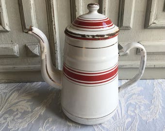 French enamel coffee pot superb striped red and white vintage, vase, jug, Bordeaux red 1930's, cafétiere, enamelware antique country decor