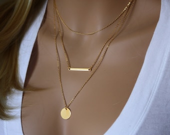 Monogram Gold Layering Necklace, Layered Necklace Skinny Bar Stacking Necklace Stacked Necklace Layer Necklace Multi Strand Bar Necklace 032