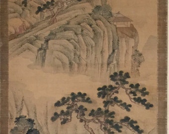 Attribute to Yuan Dy. (1260-1368) Chinese landscape silk painting scroll fine painted a scholar visiting their friend's cliff house 元代浅绛山水人物