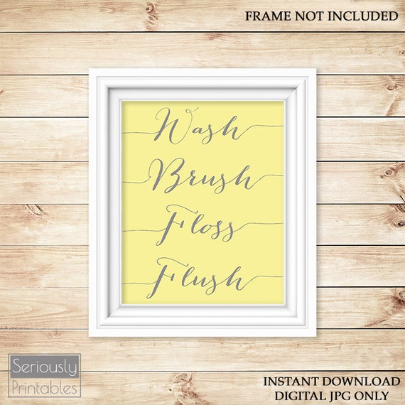 Yellow Grey Wall Art Bathroom Wash Brush Floss Flush Decor
