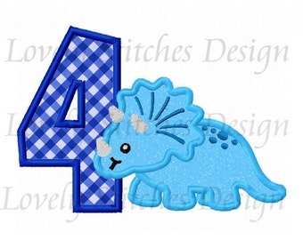 Dinosaur With Number 4 Applique Machine Embroidery Design NO:0491