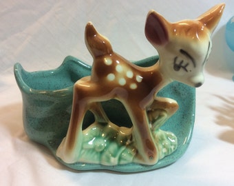 Vintage Bambi Fawn Deer Ceramic Planter No Makers Mark Turquoise Speckled 1950’s