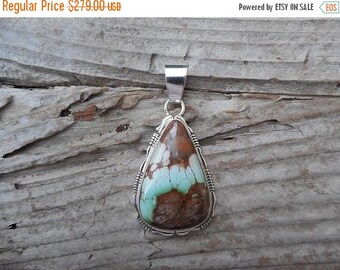 ON SALE Large gorgeous Boulder turquoise pendant handmade and signed in sterling silver by Ted Frances, a Navajo silversmith
