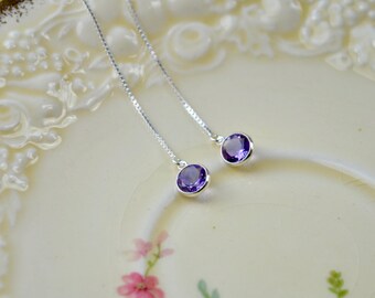 Amethyst Threader Earrings, Amethyst Dangle Earrings, February Birthstone Jewelry Sterling Silver Drop Earrings, Chain Earrings Purple Gifts