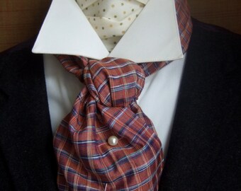 Wild Silk Cravat Ascot Blue on Burnt Orange Check Plaid