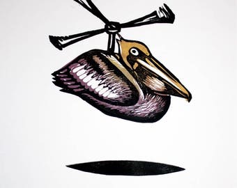 Pelicopter, Handmade linocut print