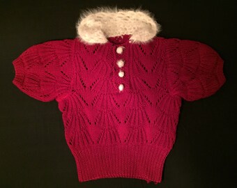 Burgundy red 1930s cropped knit sweater | homemade 1930s short sleeved sweater | holiday colors!