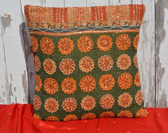 Orange and Green Sequined Saree Pillow Slipcover