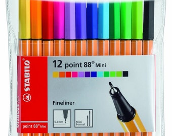 12 Stabilo Point 88 Mini Marker Pens | Stabilo Fineliner Mini Pen, Never Bleed Colored Markers, 0.4 mm Tip