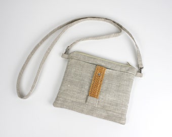 Natural linen and woven leather shoulder pouch