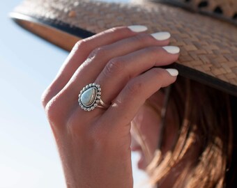 Larimar Ring ~ Statement ~ Gemstone ~ Semi Precious Stone ~ Blue ~ White ~ Natural ~ Organic ~ Sterling Silver 925~Tear Drop~Thin Band~MR020