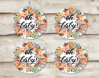 Oh Baby! Cupcake Topper, Printable Baby Shower Round Cupcake Toppers, 2 Inches, Blush Pink, Pink Watercolor Floral, It's a Girl! Oh Baby