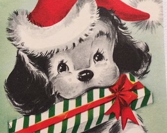 Vintage Christmas Card, Puppy with Present, Mid Century