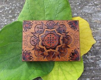 Lotus Blossom on ATC Sized Cherry Wood Block Pyrography Wood Burning