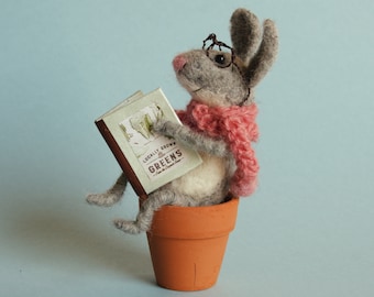Needle felted bunny with book. Felted hare. Needle felted rabbit. Gardener. Gift for garden lover. Home decor. Birthday goft. Felted dreams.