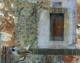 Encaustic collage with a poured painting background, dried flower art, mixed media art