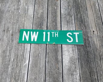 Vintage Metal Street Sign - Aluminum Double Sided Reflective Green - NW 11th Street