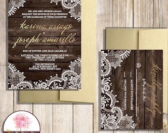 Lace and Wood Wedding Invitation with RSVP