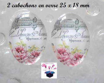 2 cabochons glass 25mm x 18mm vintage theme