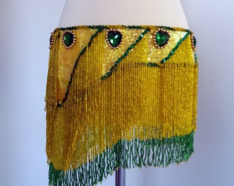 Handmade Embroidered Webbing, Embroidered Sash With Beads, Green and Yellow Belly Dance Skirt, Belly Dance Hip Scarf, Costume Skirt